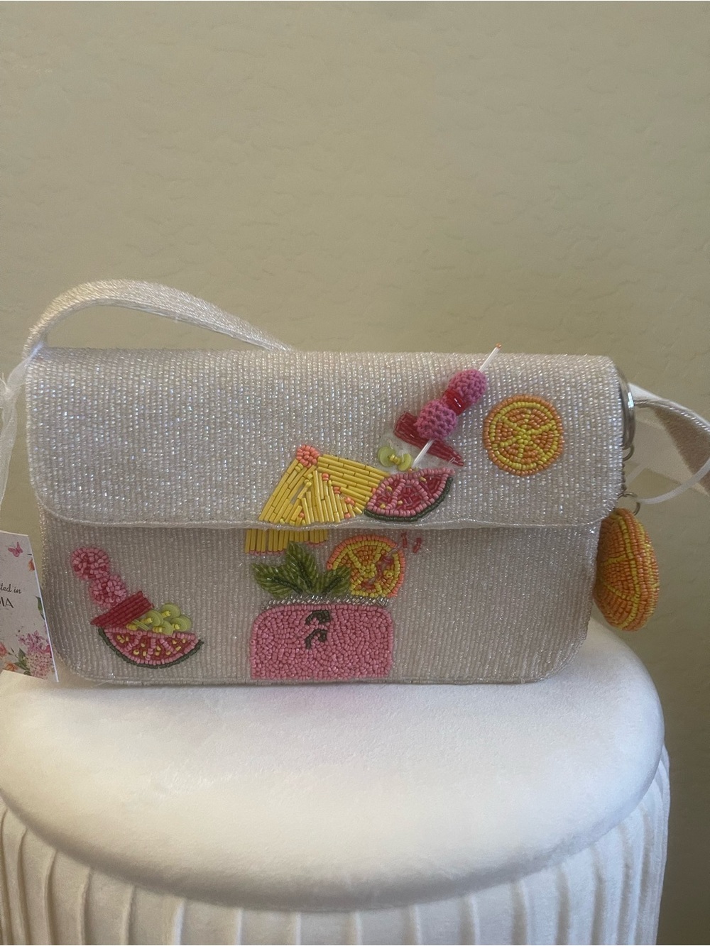 Beaded White Shoulder Bag with Pink and Yellow Citrus Embellishments